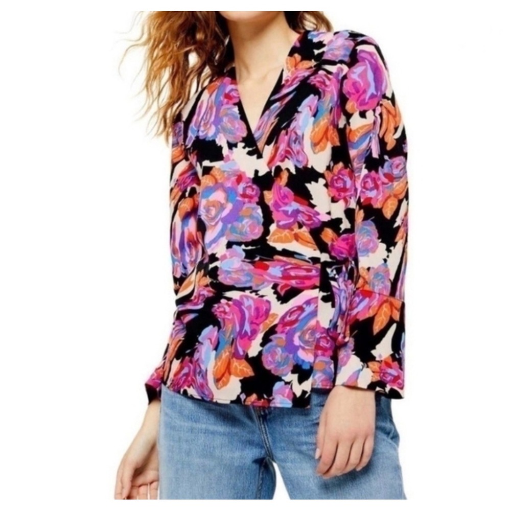 Topshop Floral V-Neck Crossover Wrap Blouse Small Multi-Color Long Sleeve Top